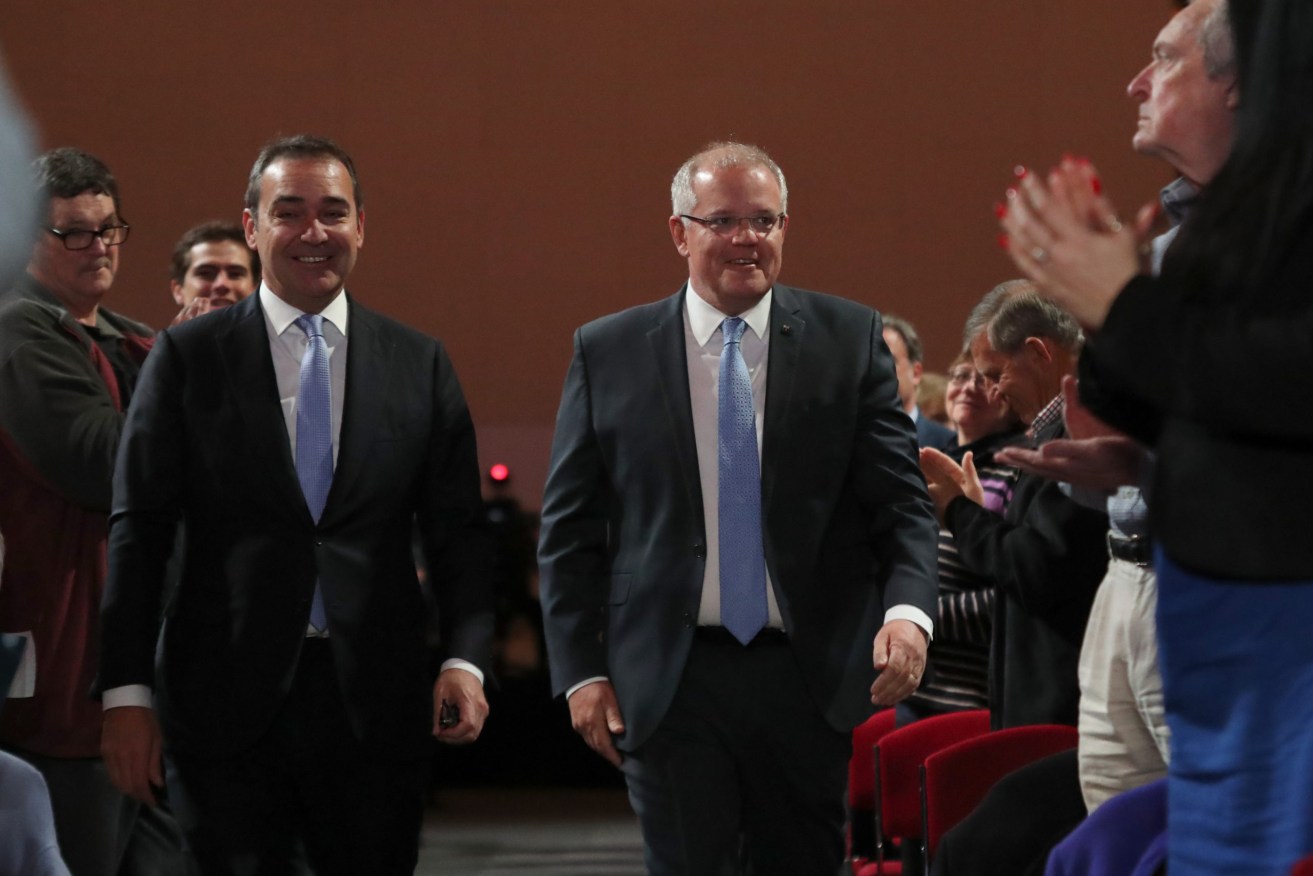 Prime Minister Scott Morrison with SA Premier Steven Marshall at last year's Liberal AGM. Photo: Kelly Barnes / AAP