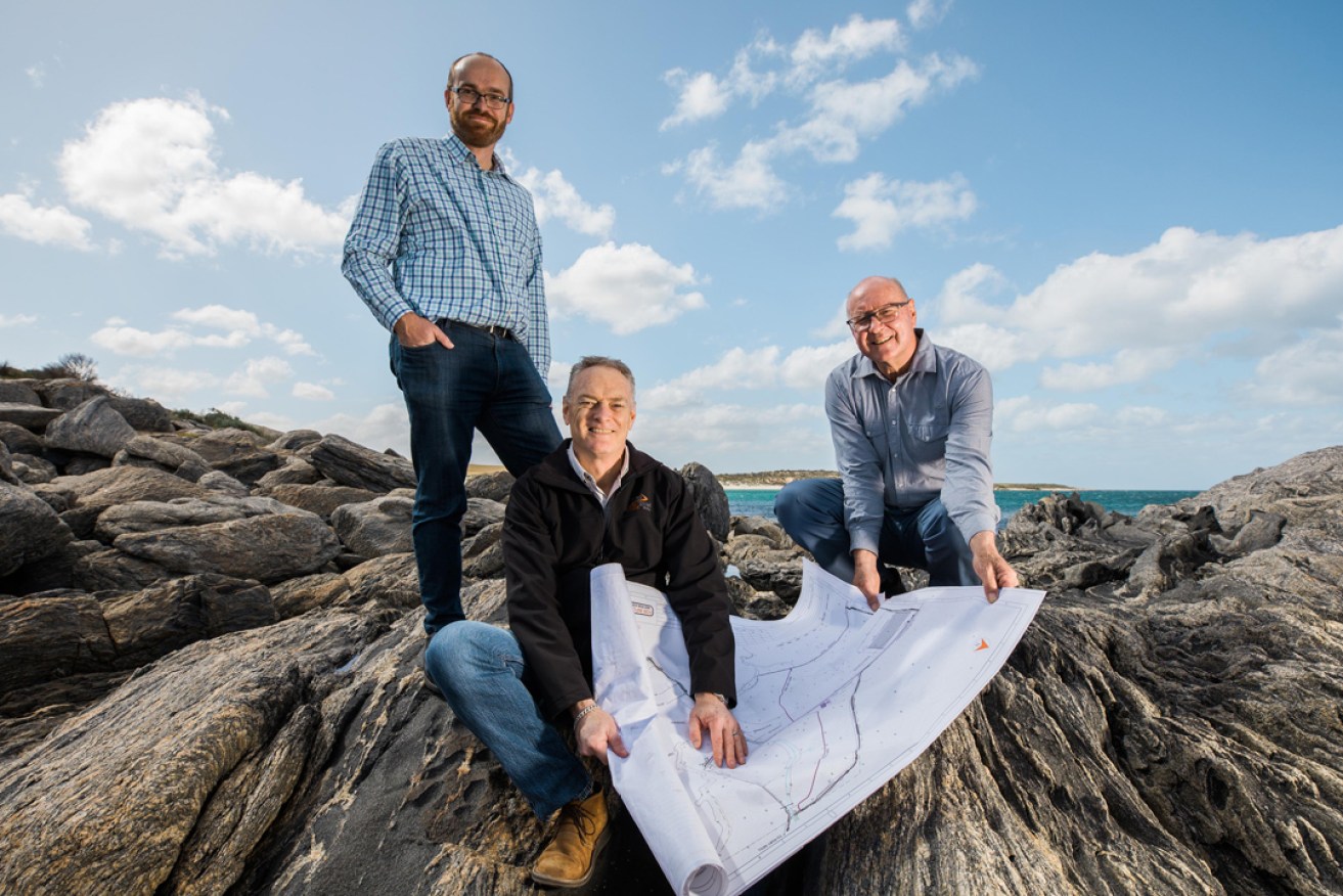 Andrew Newman, Division Director, Macquarie Capital, Larry Ingle, CEO, Iron Road and Tim Scholz, CEO, Eyre Peninsula Co-operative Bulk Handling at the proposed Cape Hardy port site.