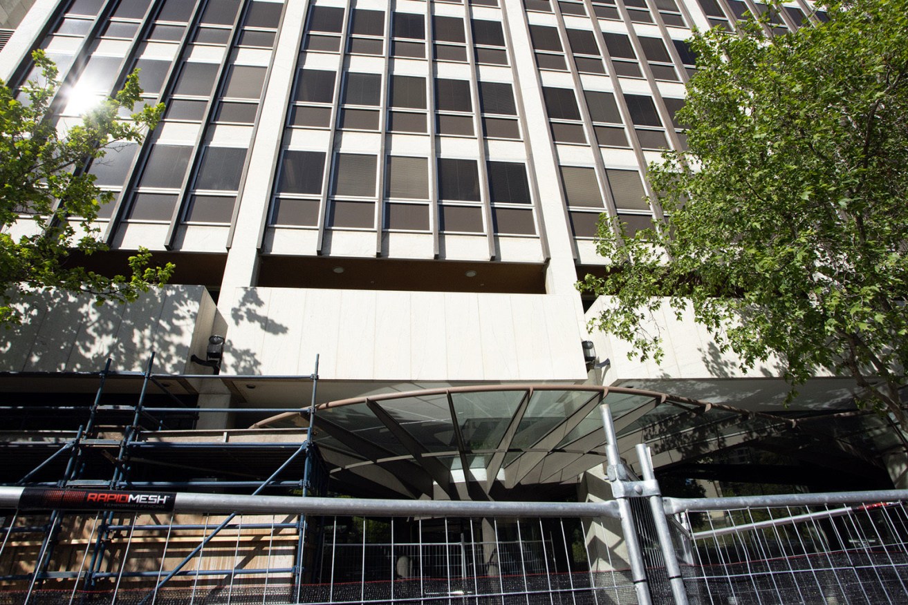 Scaffolding at the entrance of the Victoria Square building. Photo: Tony Lewis / InDaily
