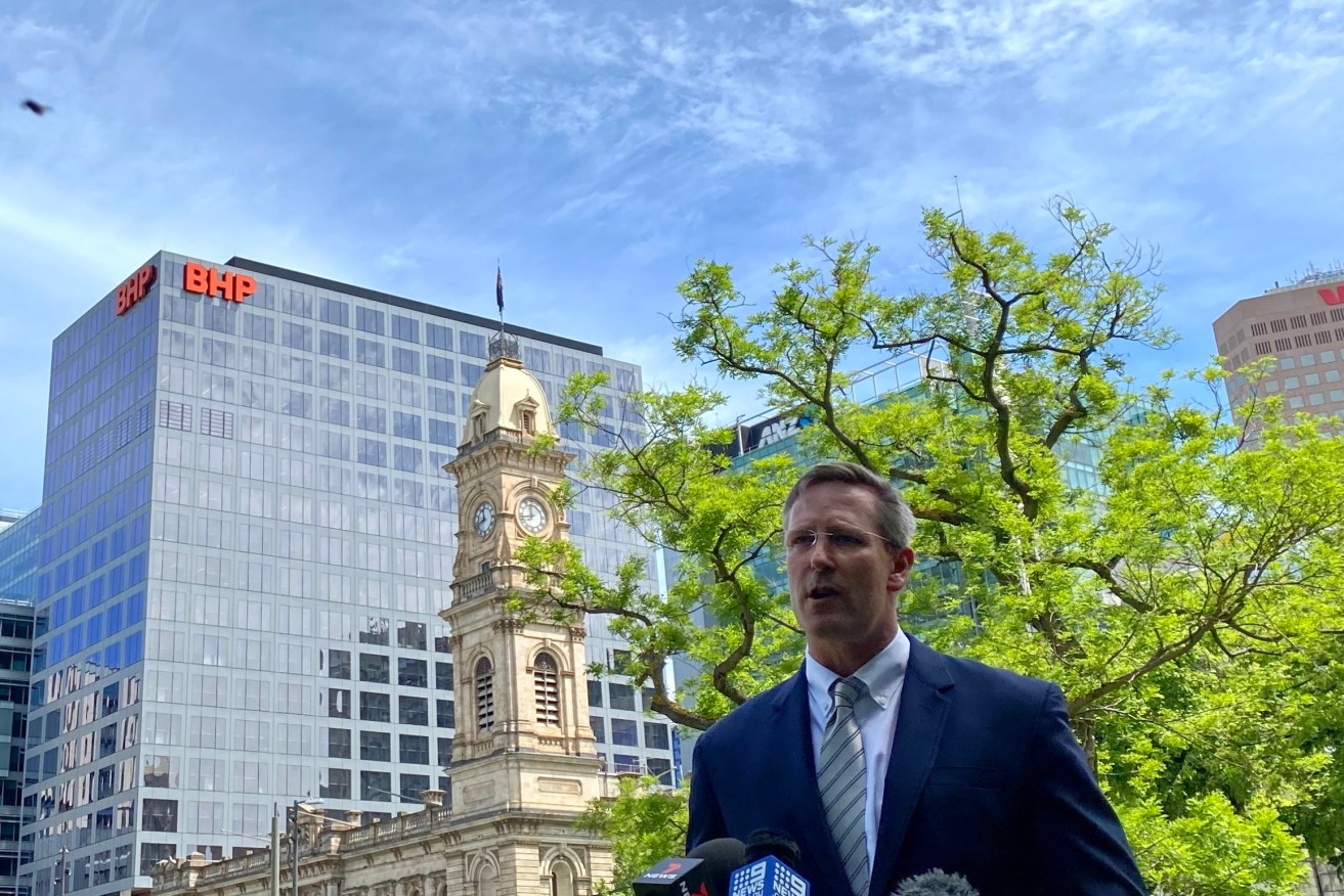 Mining Minister Dan van Holst Pellekaan fronts media today, in the shadow of BHP's city headquarters. Photo: Tom Richardson / InDaily 