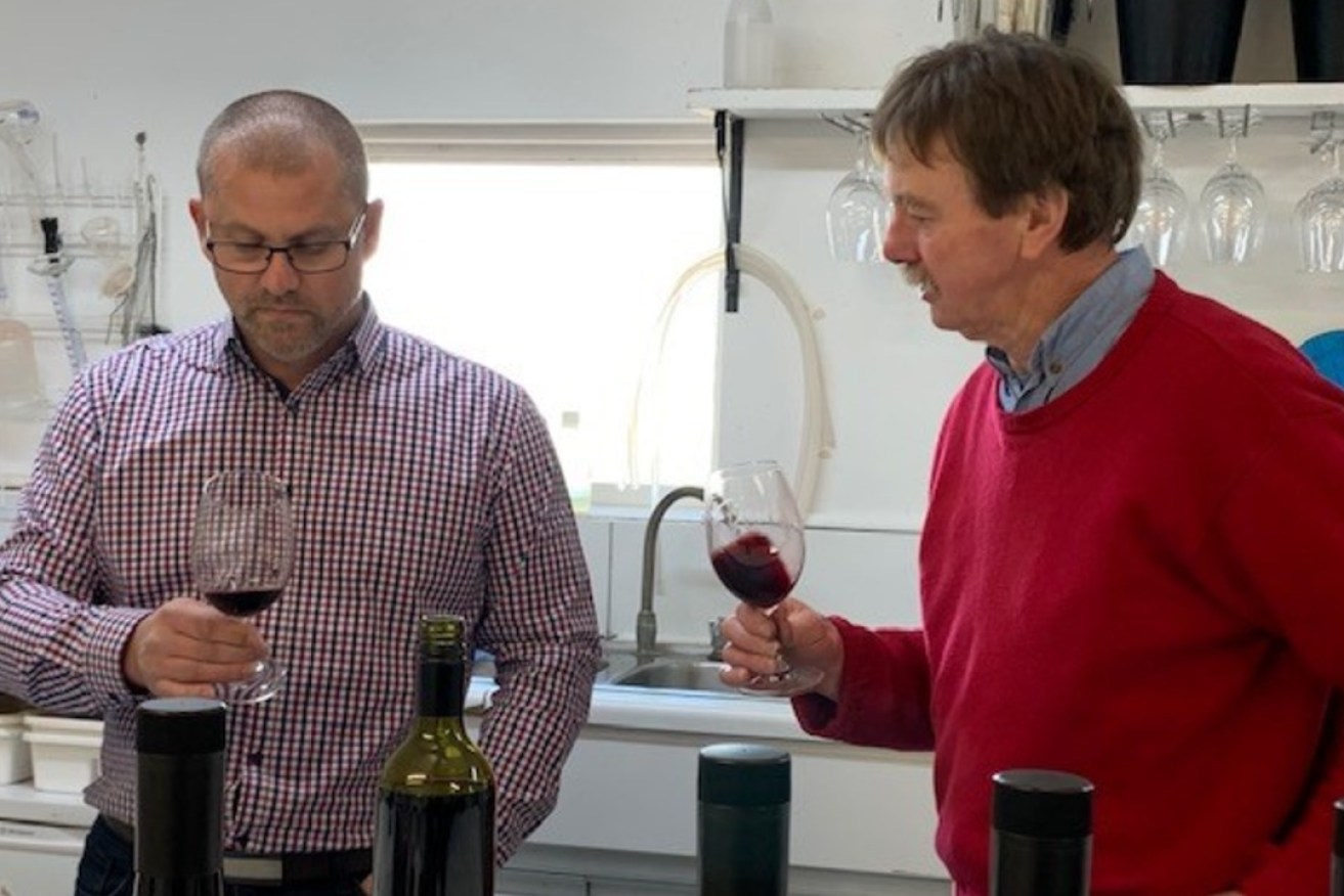 Damian White (left) samples some wine with Leconfield senior winemaker Paul Gordon.