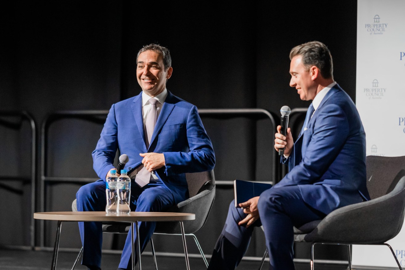 Steven Marshall in conversation with Property Council executive director Daniel Gannon yesterday. Photo supplied: Metric