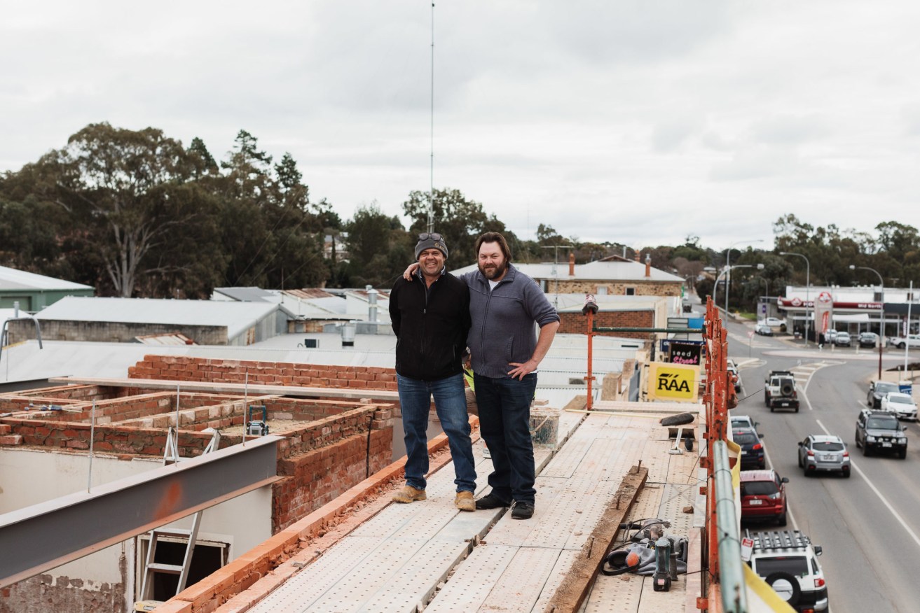 Sam Macdonald and Guy Parkinson at the soon-to-be rooftop bar of Seed at Clare. Photo: Lewis Potter.