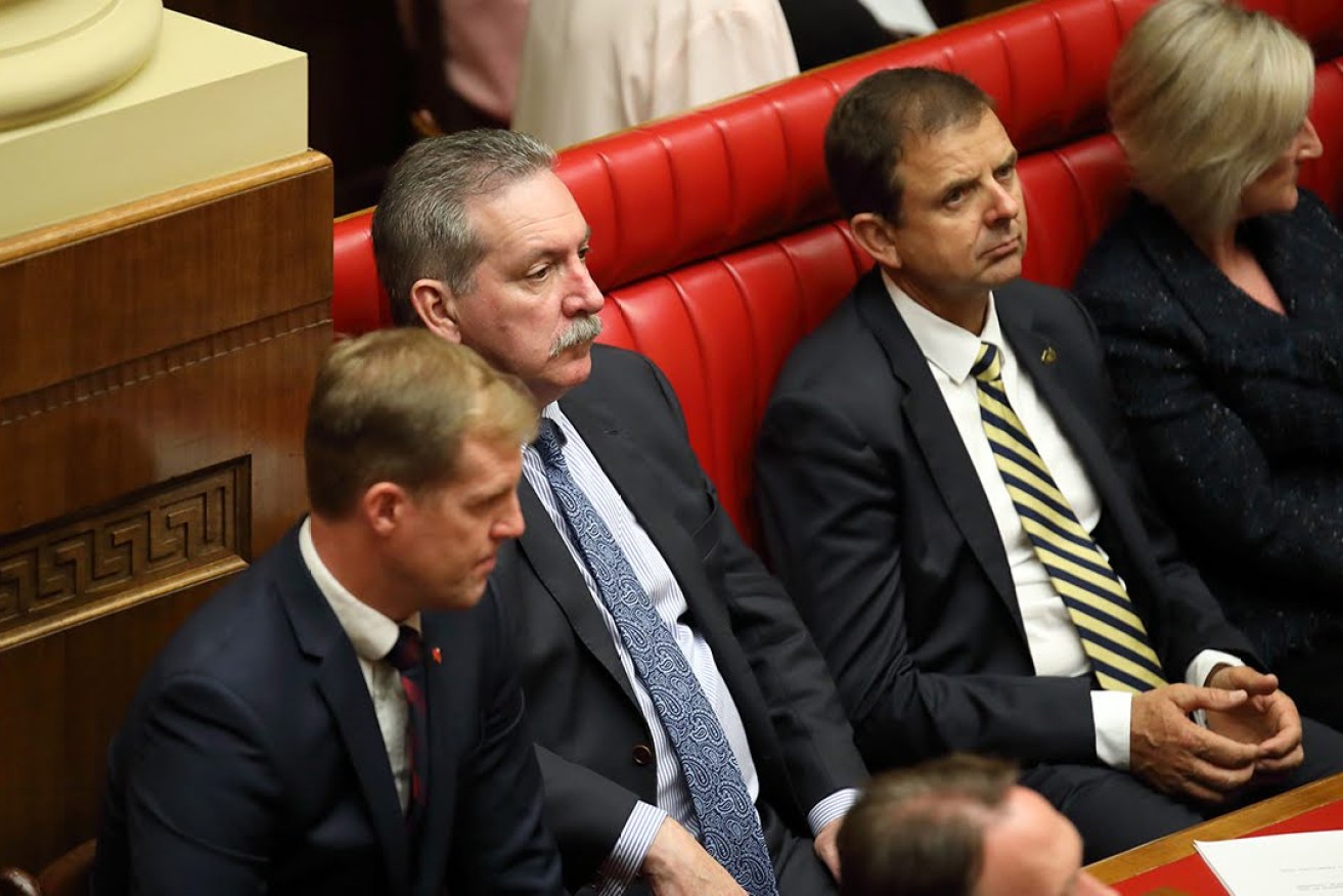 Liberal MP Nick McBride (second from right) has lashed out at the Government's handling of last week's lockdown. Photo: Tony Lewis/InDaily