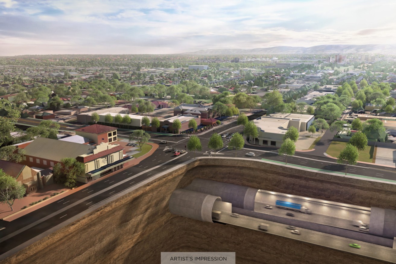 A State Government-supplied artist's impression of planned South Road tunnels running under Thebarton Theatre. 