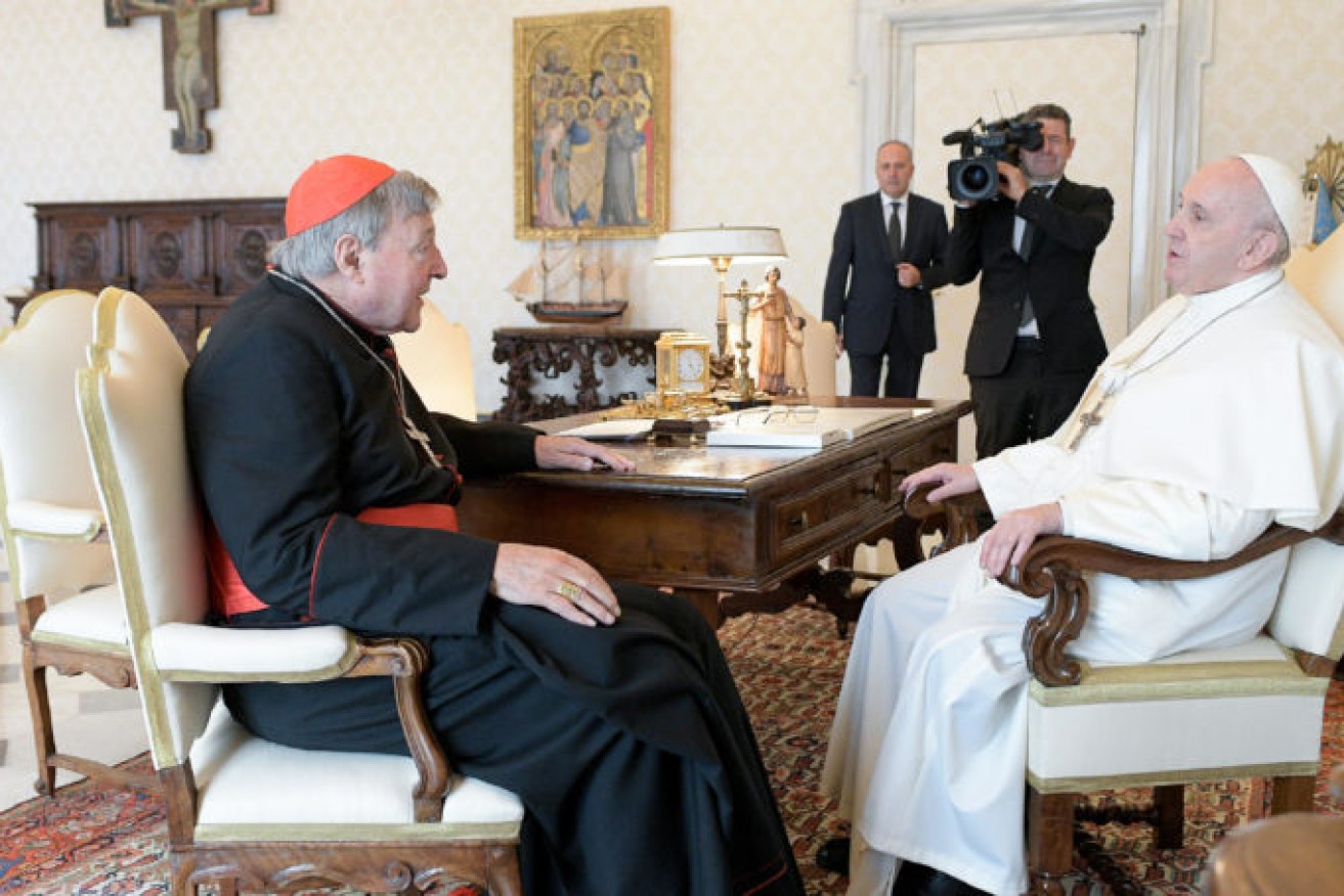 George Pell meets with Pope Francis after his child sex abuse conviction was overturned. Photo supplied