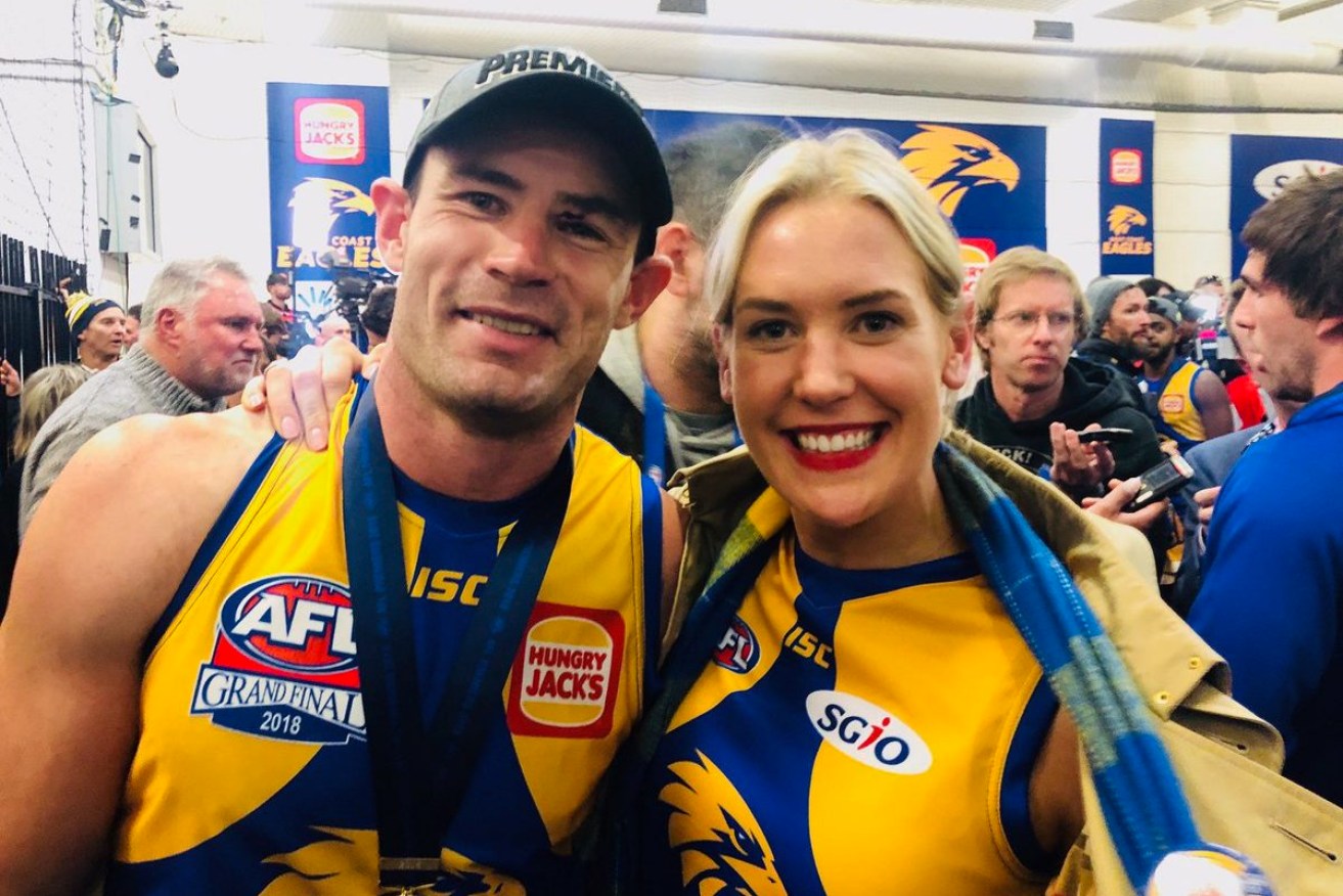 Liberal media adviser Ashton Hurn, with brother and then-West Coast captain Shannon after the 2018 AFL Grand Final, is in the mix for Liberal preselection. Photo: Twitter