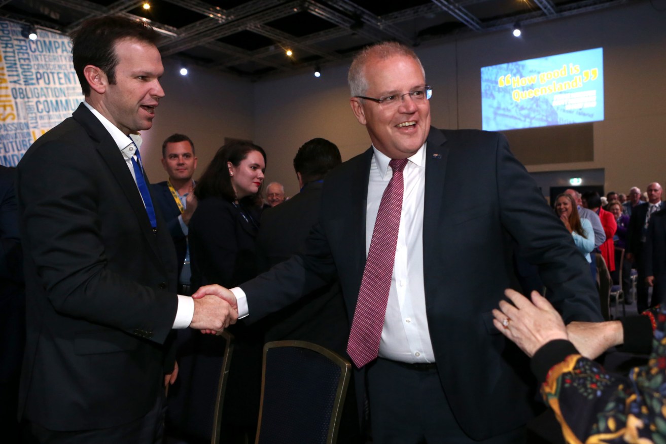 Nationals senator Matt Canavan with Prime Minister Scott Morrison. Photo: AAP/Jono Searle