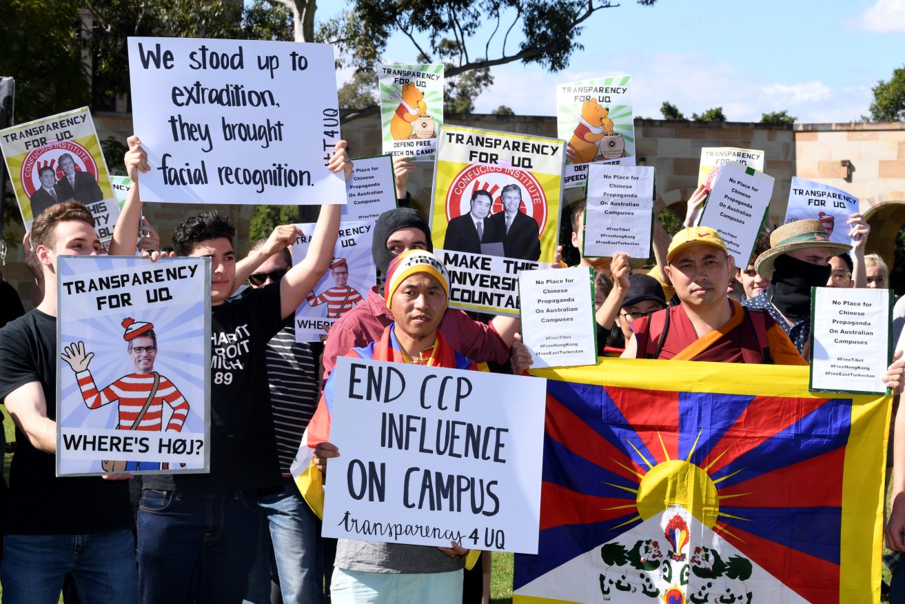 University of Queensland students protest funding agreements between Australian universities and Chinese government funded education organisations. Photo: AAP /Dave Hunt