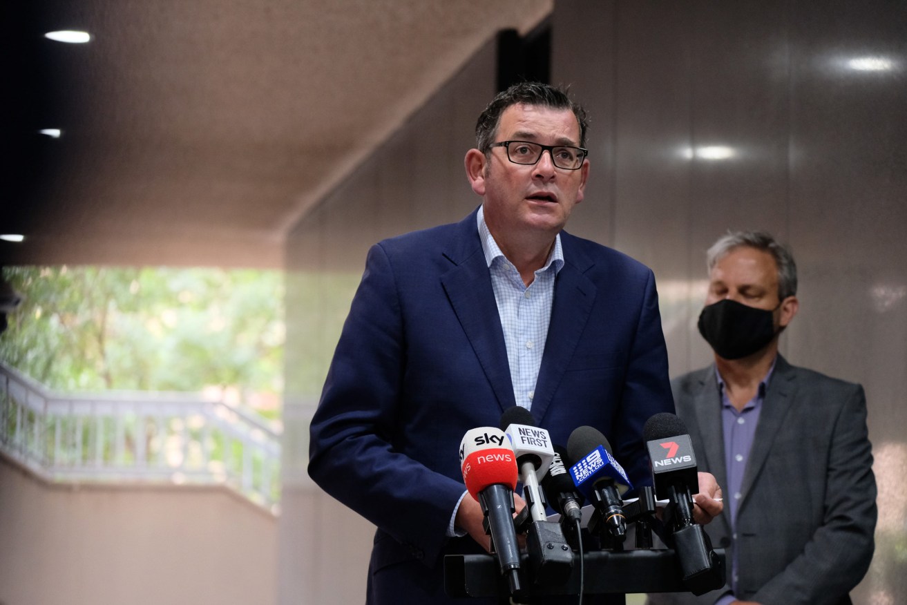 Premier Dan Andrews told reporters today it is "too early" to determine whether Victoria will exit lockdown on Wednesday (Photo: Luis Ascui/AAP)