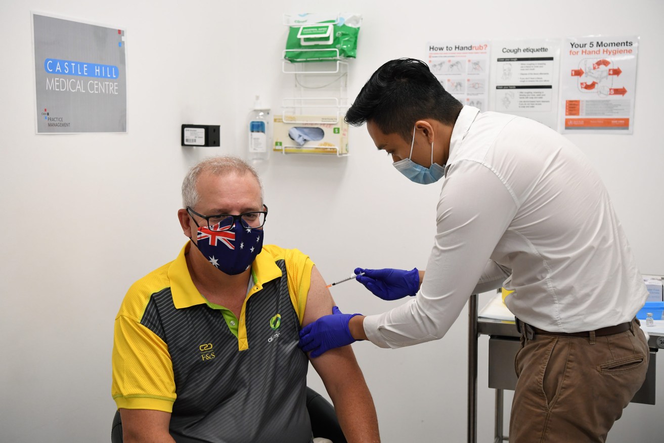 Australian Prime Minister Scott Morrison receives his COVID-19 vaccination. Image: AAP/Joel Carrett
