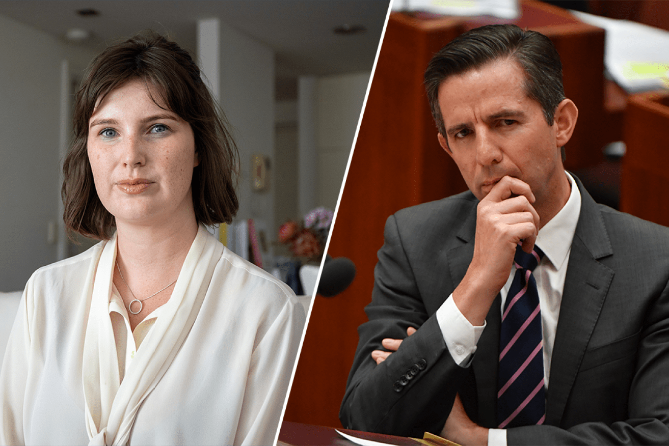 Chelsey Potter and her former boss, Senator Simon Birmingham, in parliament yesterday. Photos: Tony Lewis / InDaily and Mick Tsikas / AAP