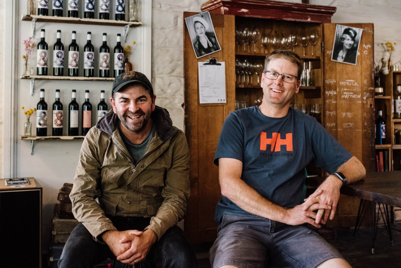 Brothers Malcolm (left) and Richard Leask have achieved carbon-neutral certification for their McLaren Vale wine brand Hither & Yon. Picture: Meaghan Coles/nowandthenphotography.           