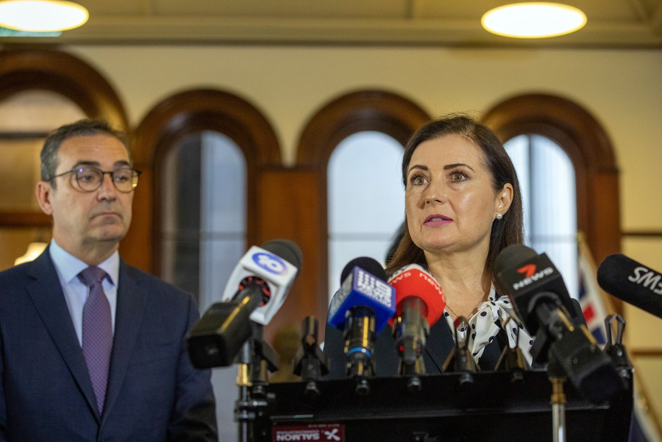 Premier Steven Marshall and Child Protection Minister Rachel Sanderson fronting reporters after the release of Rice's review. Photo: Tony Lewis/InDaily