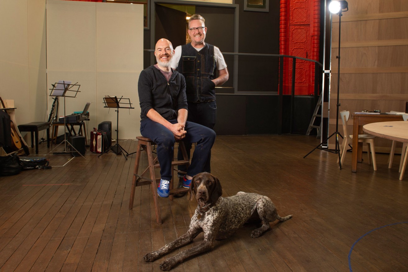 Actor Bryan Burroughs and director Andy Packer with Slingsby's office dog, Pigeon. Photo: Andy Rasheed