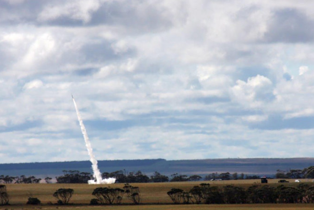 A dart rocket carrying a Royal Australian Air Force payload that was launched from Koonibba Rocket Range in September 2020 (AAP/ADF Image Sean Jorgensen-Day).