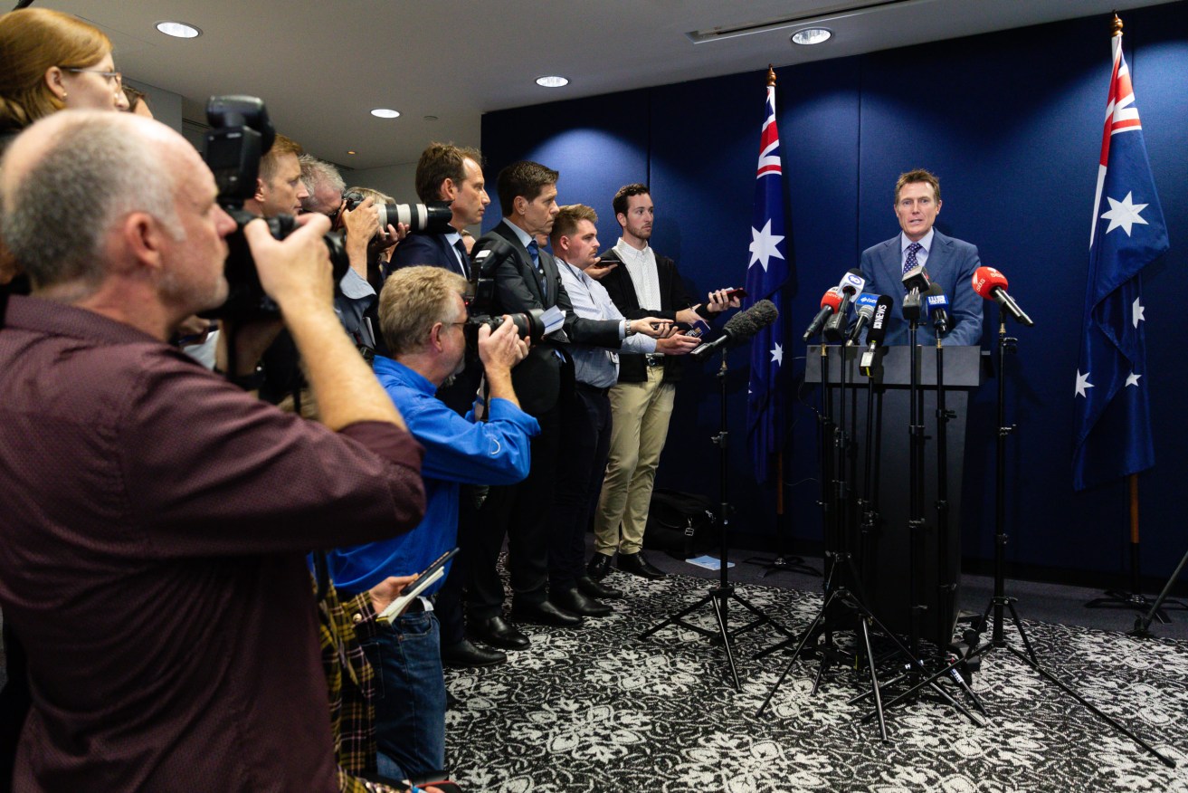 Christian Porter held a press conference to deny rape accusations. Photo: Richard Wainwright / AAP