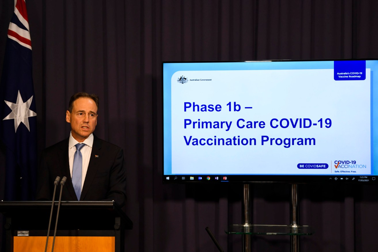 Health Minister Greg Hunt has announced an additional 100 federal health clinics will come online to support Australia's state-level vaccine rollout (AAP Image/Lukas Coch) 