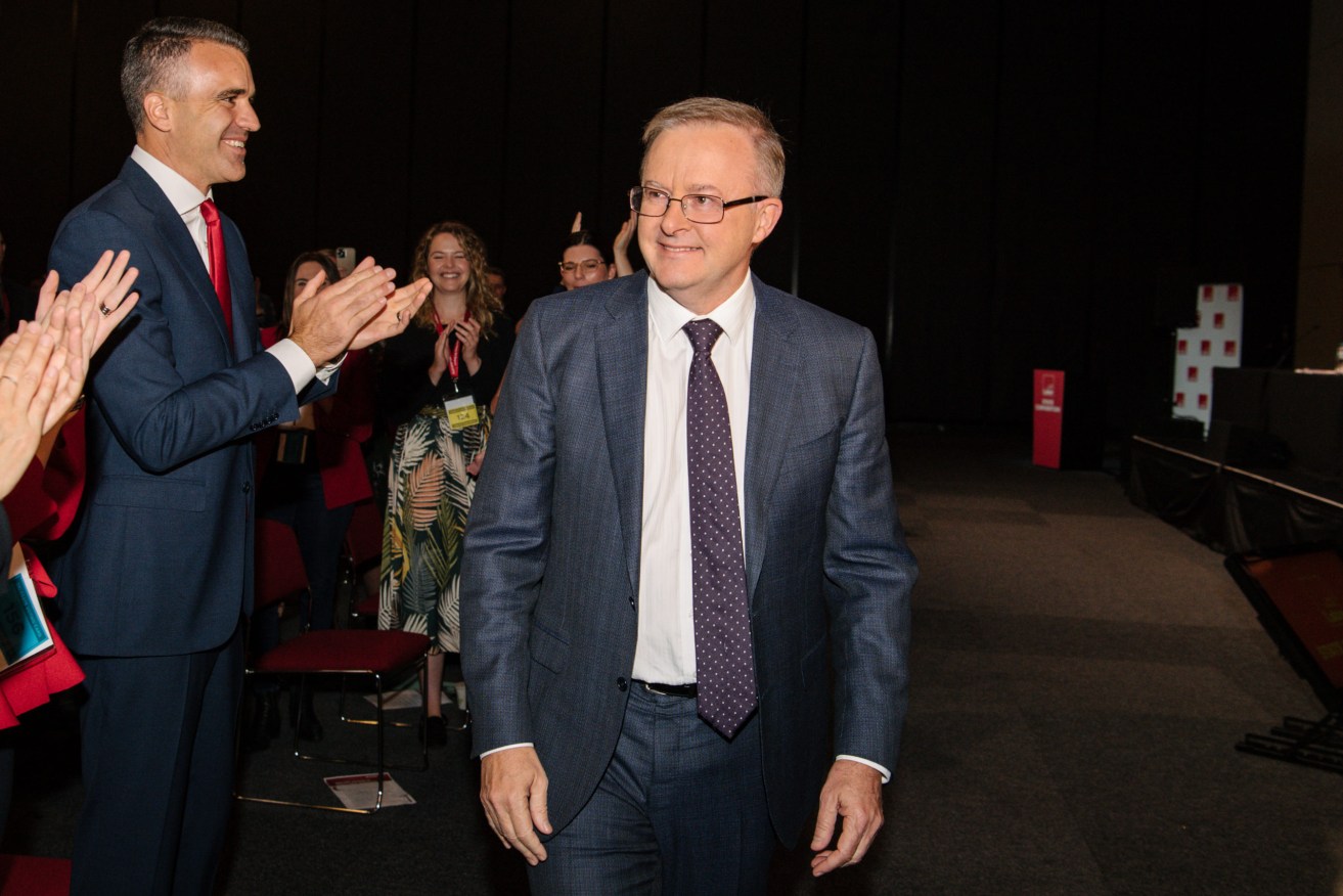 State Opposition Peter Malinauskas with federal Labor leader Anthony Albanese at the SA Labor convention.and Leader of the Opposition Anthony Albanese during the SA Labor state convention. Photo:  AAP/Morgan Sette