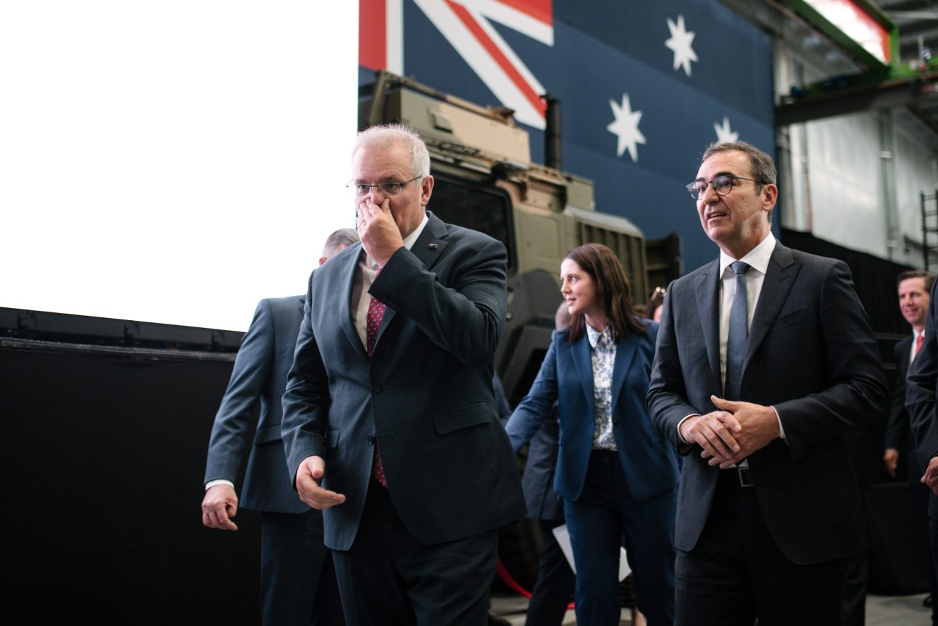 The Prime Minister Scott Morrison Premier Steven Marshall during today's opening of Raytheon Australia's Centre for Joint Integration at Mawson Lakes (AAP Image/Morgan Sette) 