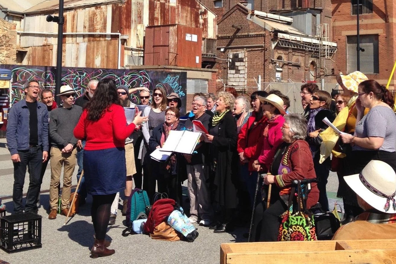 Port Adelaide-based community choir Born On Monday during a pre-COVID-19 performance at Hart's Mill.