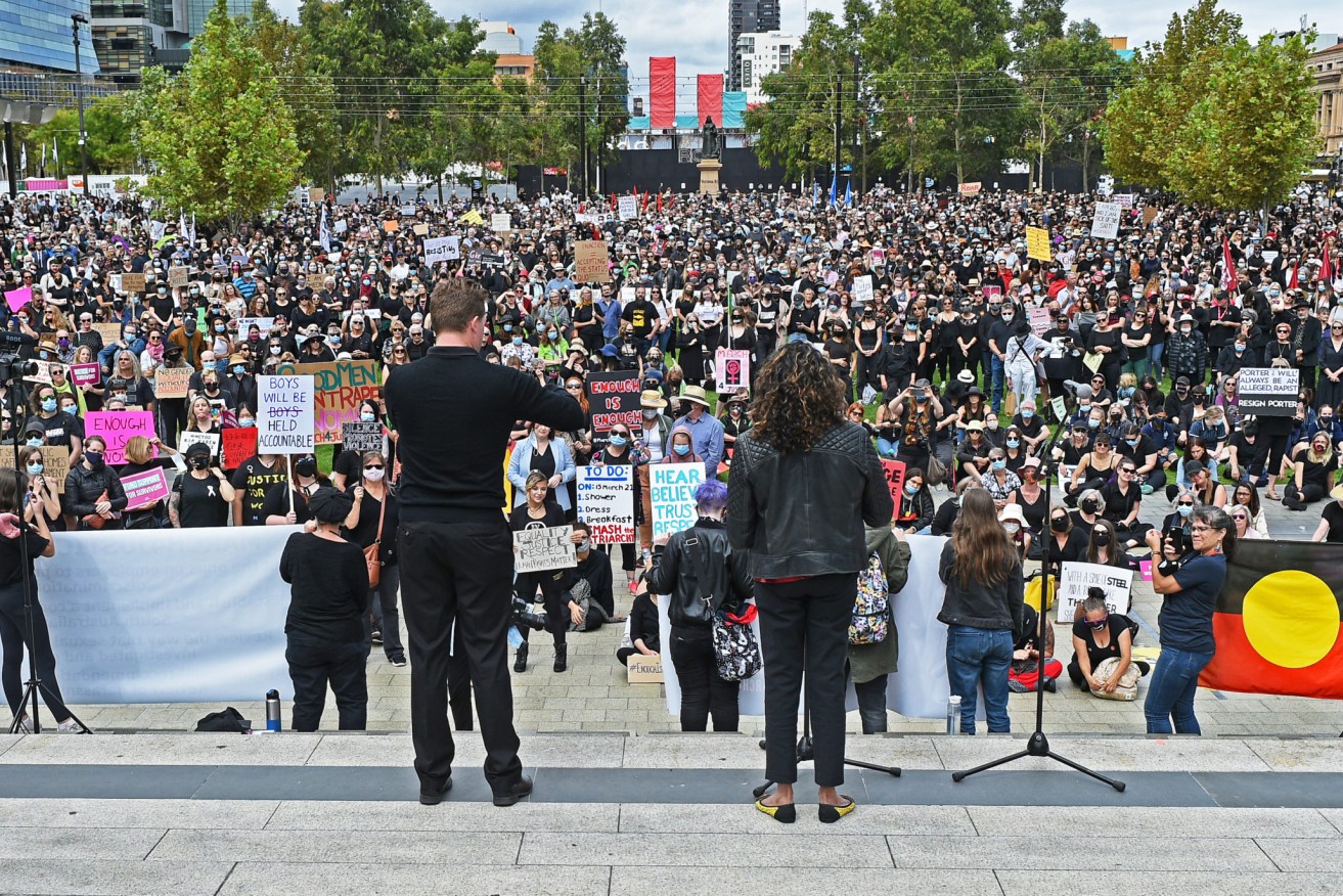 Thousands turned out in Victoria Square and around Australia yesterday at March4Justice rallies demanding action on gendered violence. Picture: Michael Errey/InDaily