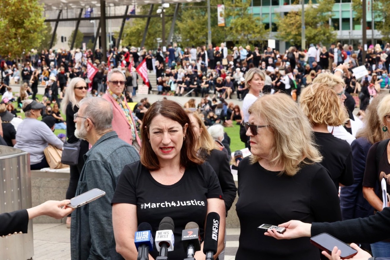 Dr Samantha Battams (left) and barrister Claire O'Connor SC at the March4Justice rally. Photo: Tony Lewis/InDaily