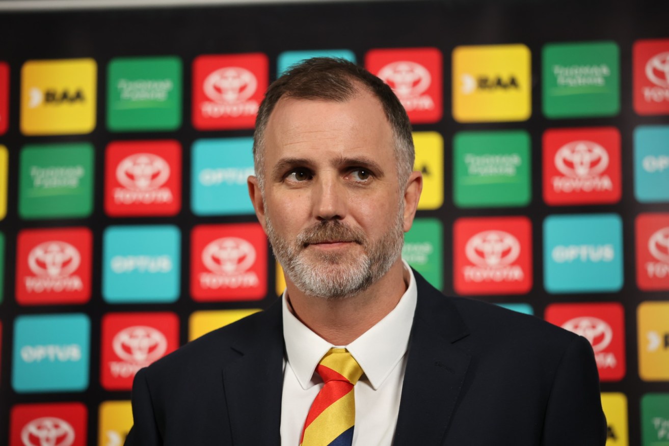 Tim Silvers faces the media in 2021 for the first time as Crows CEO. Photo: Tony Lewis / InDaily