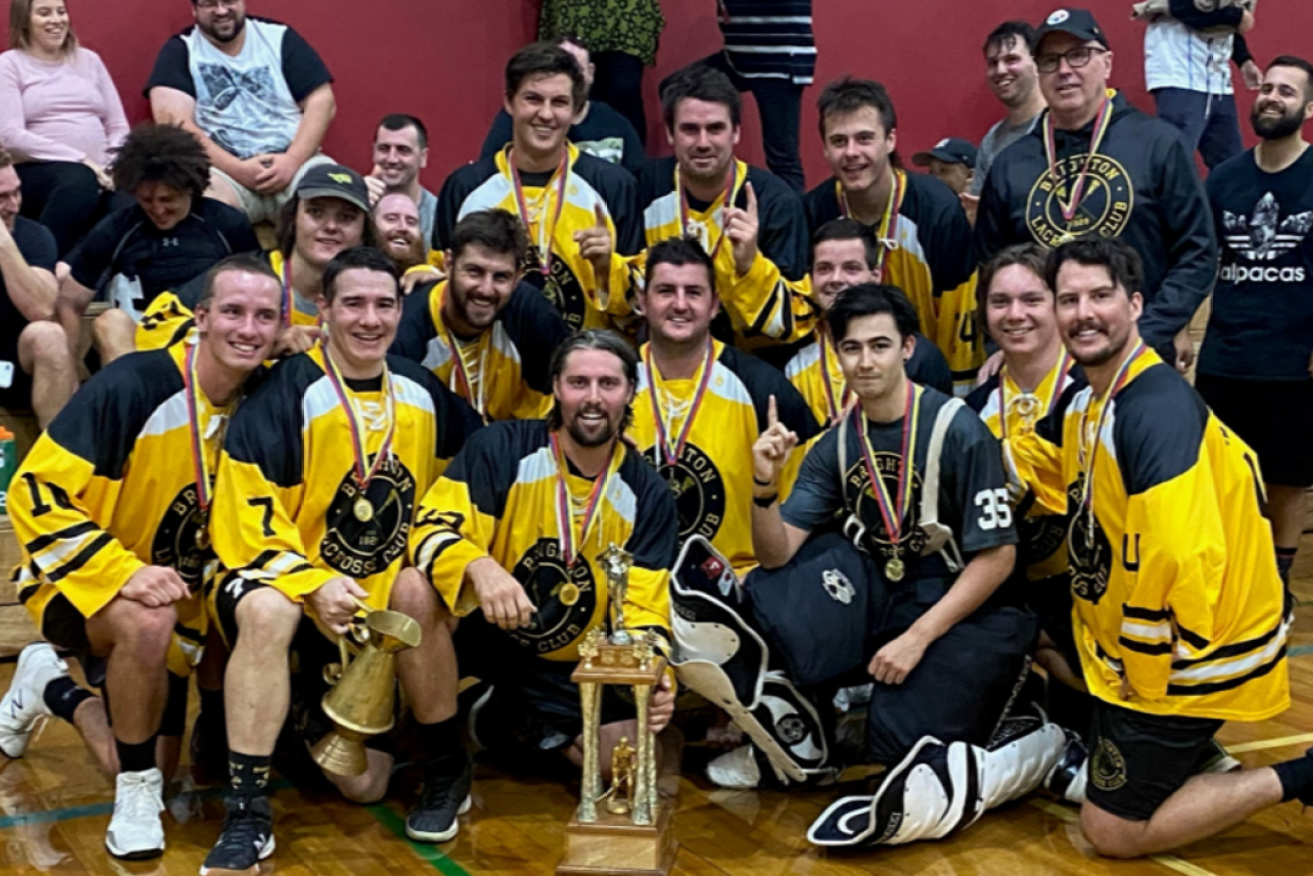 The Brighton Bombers celebrating their 2020/21 Indoor Lacrosse League Championship. Photo: Lacrosse SA TV
