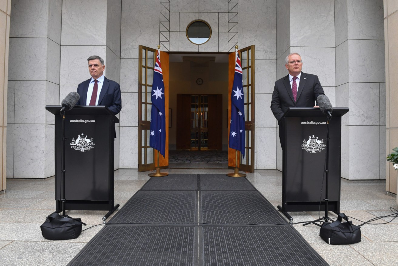 Department of Health Secretary Dr Brendan Murphy and Prime Minister Scott Morrison at a press conference at Parliament House in Canberra today (AAP Image/Mick Tsikas)