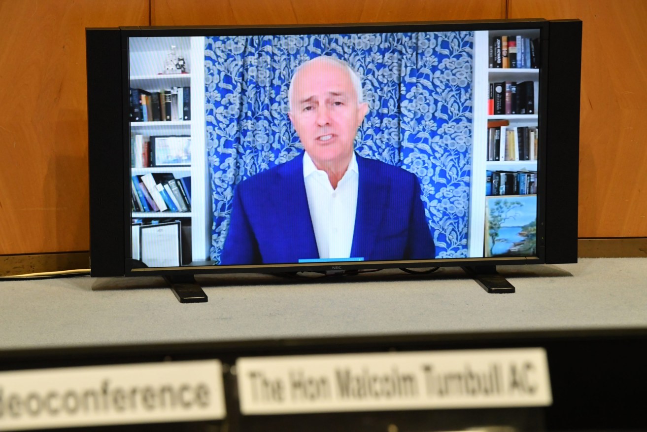 Former prime minister Malcolm Turnbull appears on video link before a Senate inquiry into media diversity in Australia. Photo: AAP/Mick Tsikas
