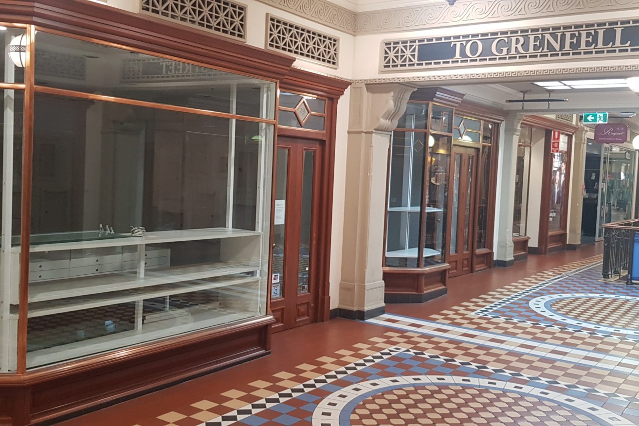 A row of empty shopfronts in Regent Arcade, Rundle Mall (Photo: Thomas Kelsall/InDaily)