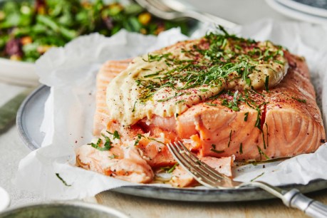 Recipe: Slow baked salmon with almond tarator, lentil and asparagus tabouli