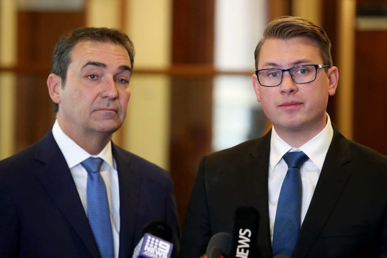 Liberal opponents of euthanasia, including Right-winger Stephan Knoll (right, with Premier Steven Marshall), are said to seething about moves to fast-track legislation. Photo: Kelly Barnes / AAP