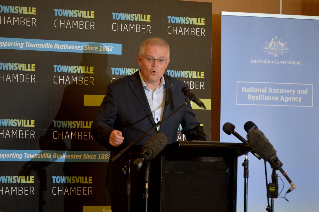 Prime Minister Scott Morrison addresses the Townsville Chamber of Commerce on Wednesday, May 5, 2021 (AAP Image/Scott Radford-Chisholm)