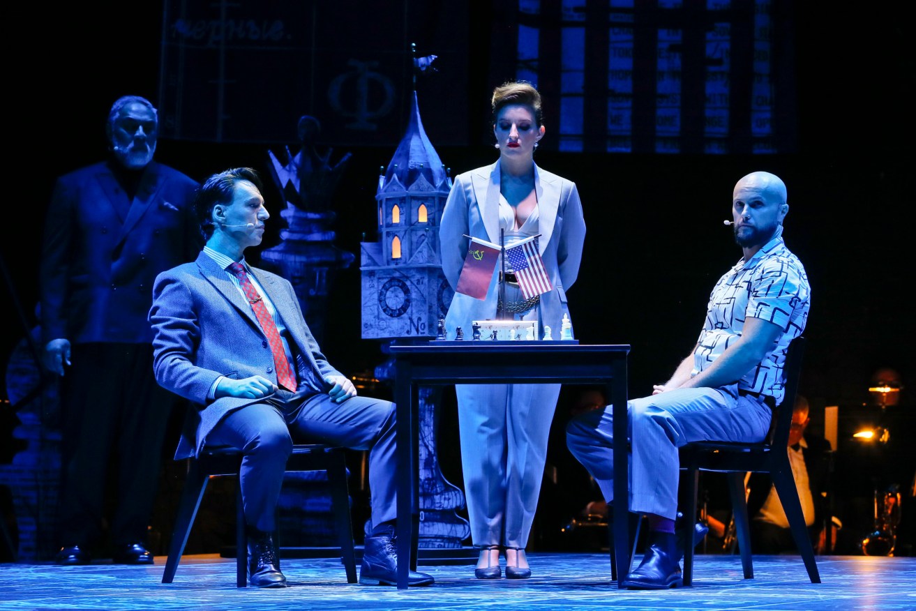 Alex Lewis, Brittanie Shipway and Mark Furze in Chess the Musical (StoreyBoard Entertainment). Photo Jeff Busby