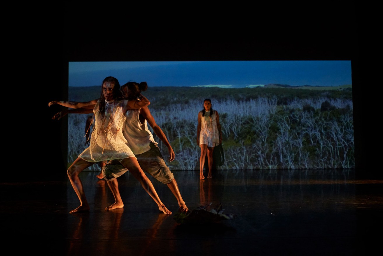 Iti, by the South Australian First Nations Dance Collective, is performed against a scrolling backdrop of Australian bush, desert and waterways. Photo: Sam Roberts Photography