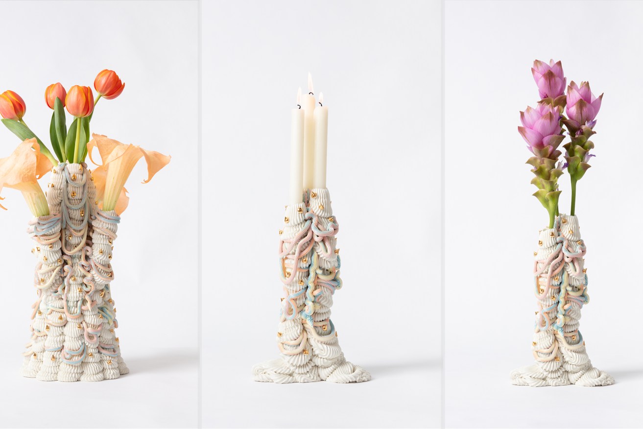 'Decadent enough for Marie Antoinette to eat': A selection of works from NSW artist Ebony Russell's 'Over the top' series of porcelain candelabras and vases.