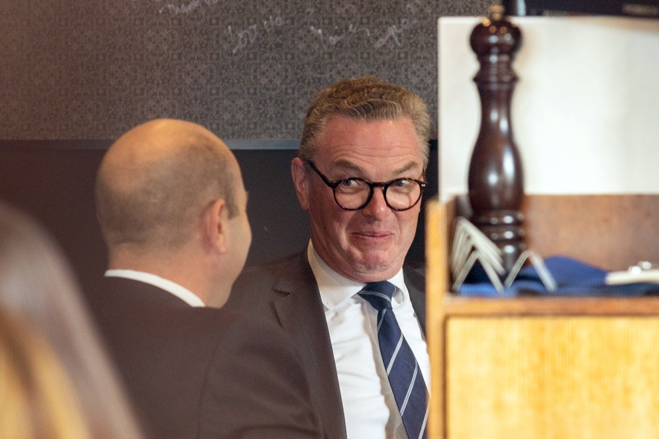 Former federal minister Christopher Pyne shares a joke with Liberal exile Sam Duluk. Photo: Tony Lewis / InDaily