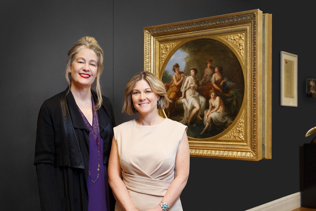 Rhana Devenport and Kerry de Lorme, executive director of the James & Diana Ramsay Foundation, with Angelica Kauffmann's 'Diana and her nymphs bathing', which was purchased through the foundation's generosity. Photo: Saul Steed