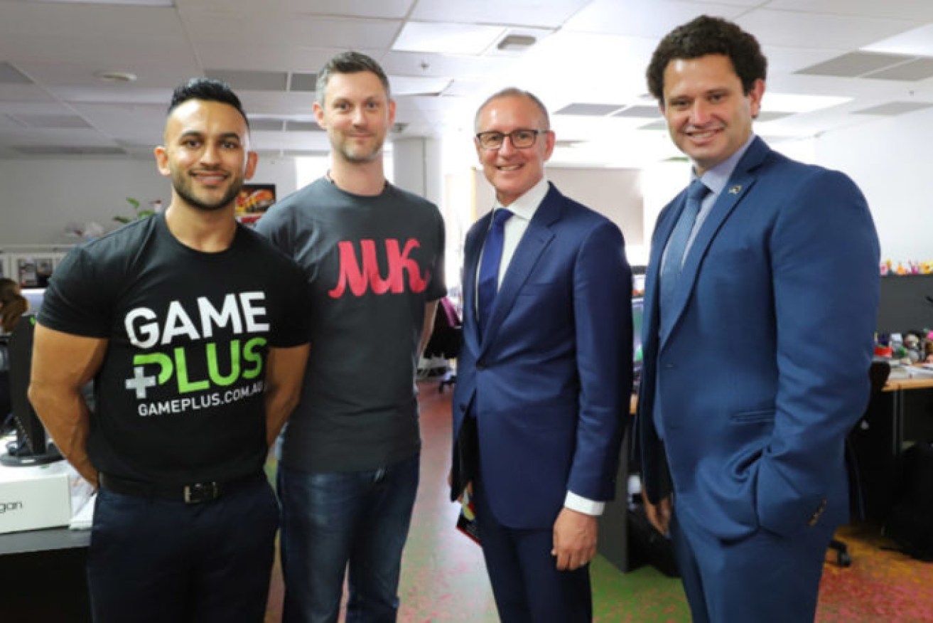 Mighty Kingdom managing director Phil Mayes (Centre left), alongside then-Premier Jay Weatherill and Innovation Minister Kyam Maher (Photo: @JayWeatherill / Twitter)