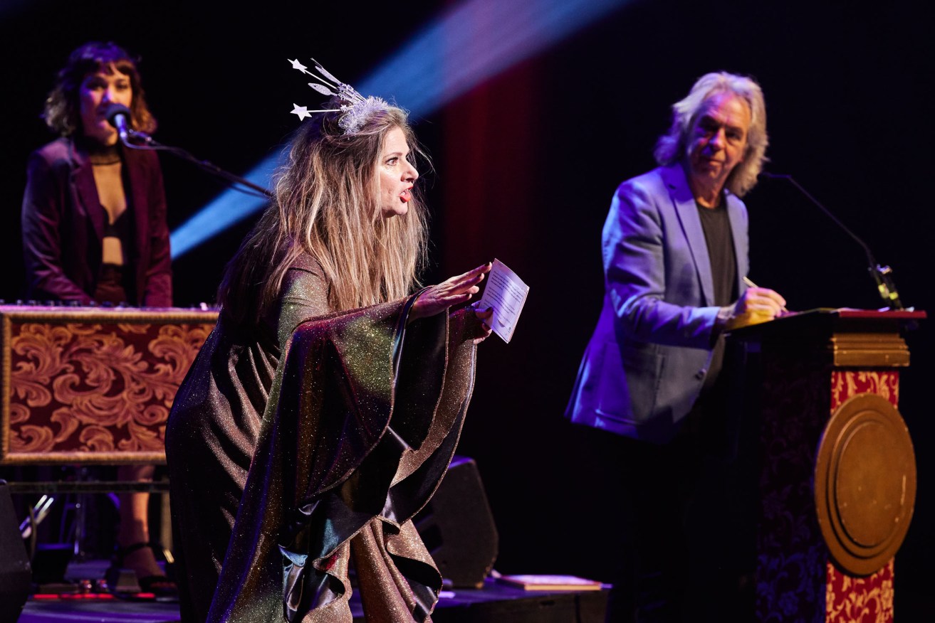 'RocKwiz Salutes Eurovision' hosts Julia Zemiro – sporting a head-dress reminiscent of Kate Miller-Heidke – and Brian Nankervis. Photo: Claudio Raschella