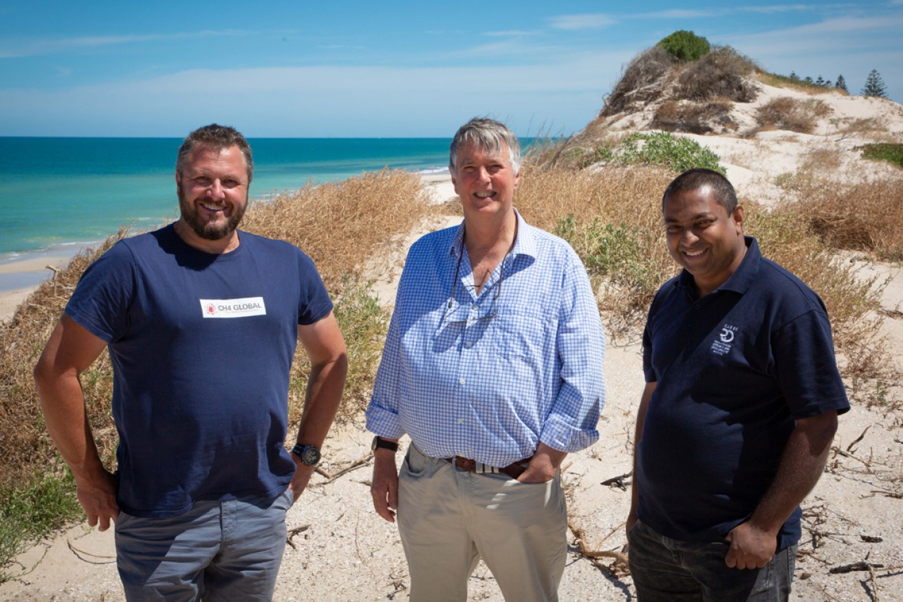 From left: Adam Main, general manager of CH4 in Australia, Steven Clarke and Sasi Nayar, both of whom work for the South Australian Research and Development Institute, where CH4 has tested and developed products. Supplied image
 