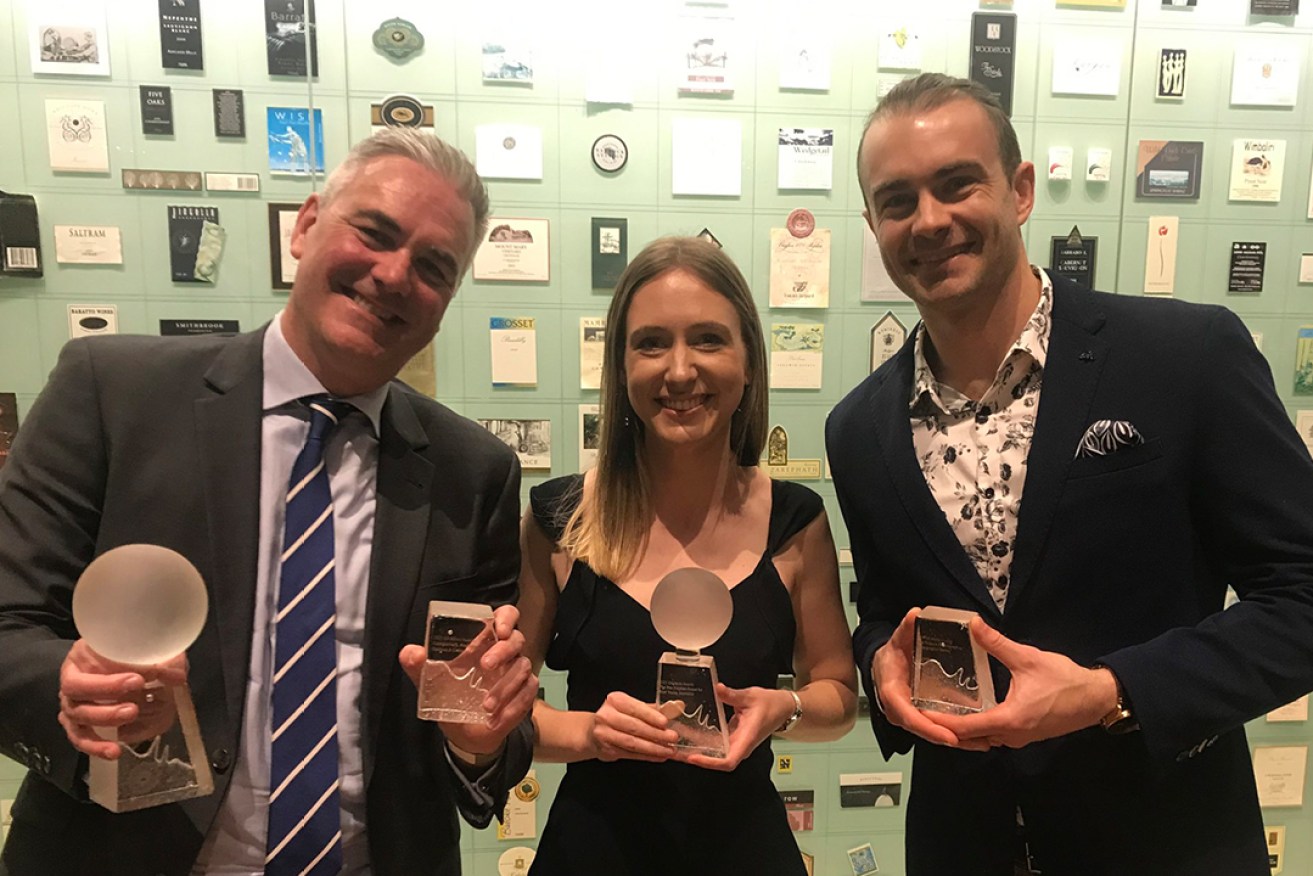 Tom Richardson, Stephanie Richards and Ben Kelly with their awards. Photo: David Eccles/InDaily