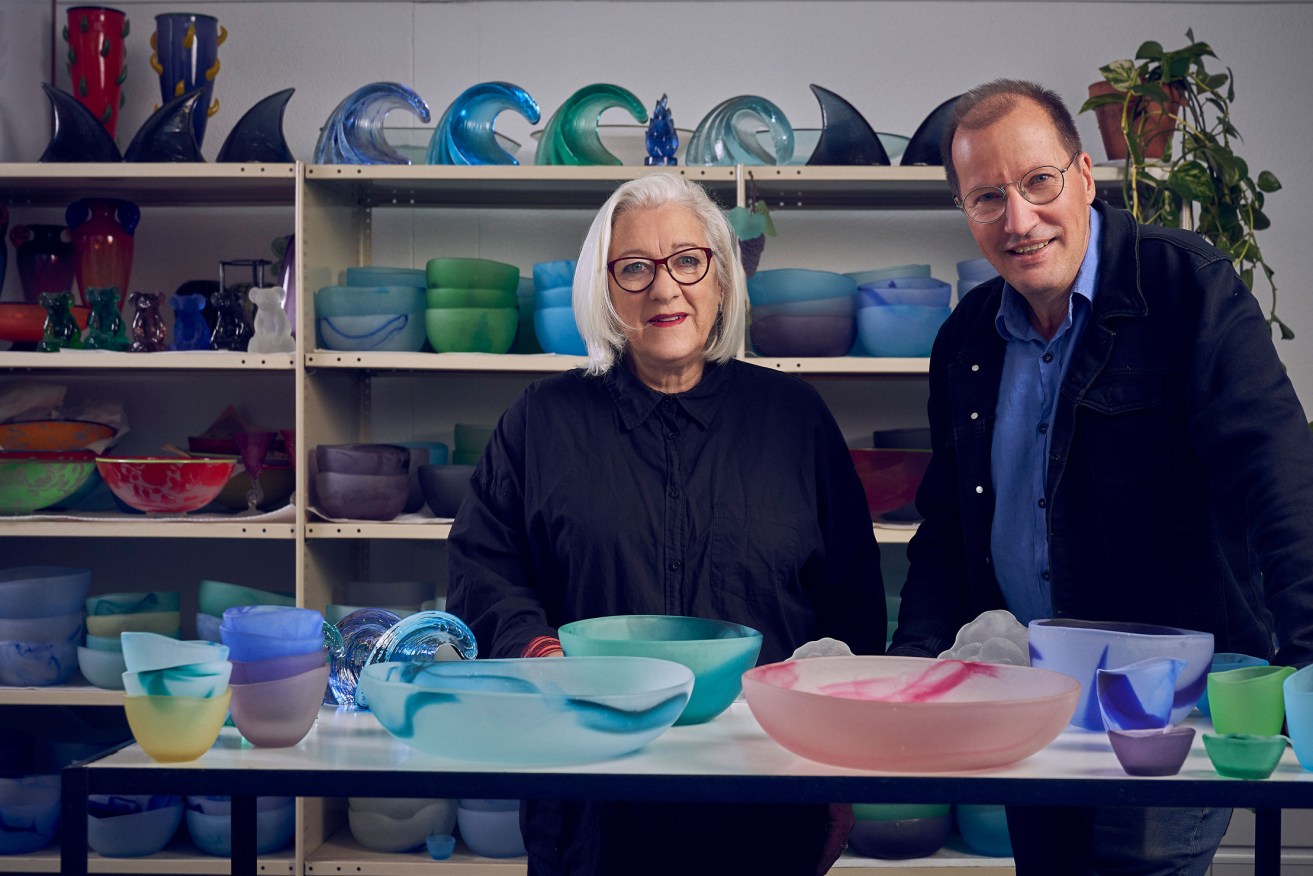 Glass-blower Meg Caslake and ceramicist David Pedler with a collection of their works. Photo: Aubrey Jonsson