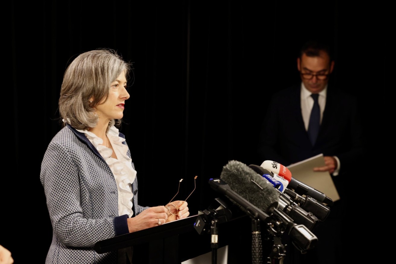 Chief public health officer Professor Nicola Spurrier announcing new restrictions with Premier Steven Marshall. Photo: Tony Lewis/InDaily