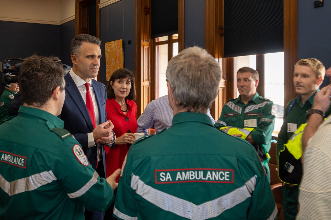 Peter Malinauskas meets ambulance workers today. Photo: Tony Lewis / InDaily