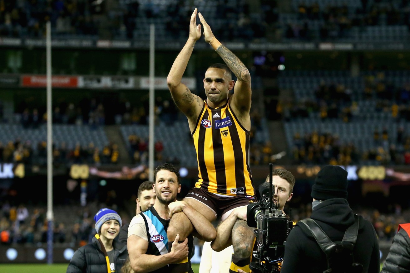 Shaun Burgoyne is chaired off after the Hawthorn-Port Adelaide clash on July 3. Photo: AAP/Rob Prezioso