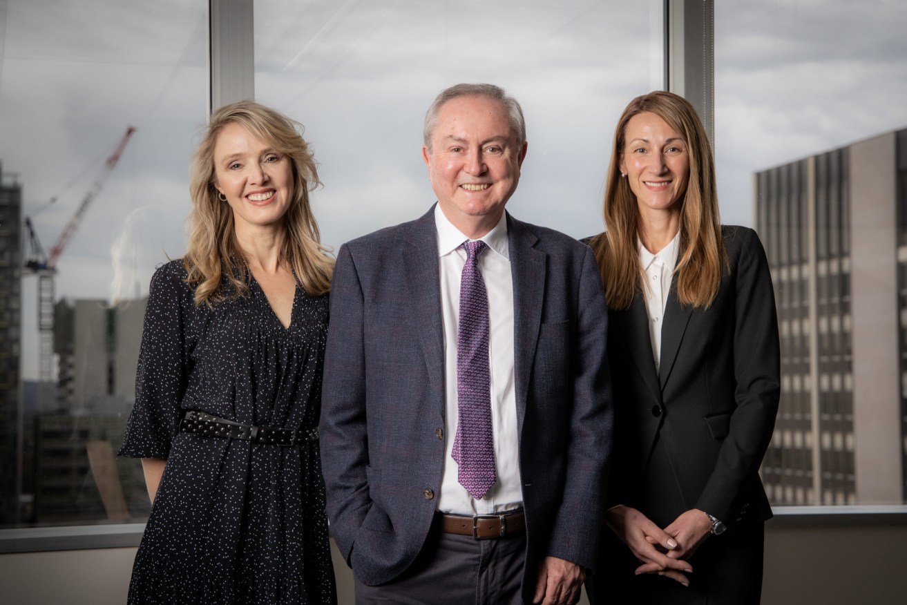 Angas Securities Non-Executive Director Kellie Stocker (left), Executive Chairman Andrew Luckhurst-Smith and newly appointed Chief Executive Officer Natalie Gatis. Photo: supplied.