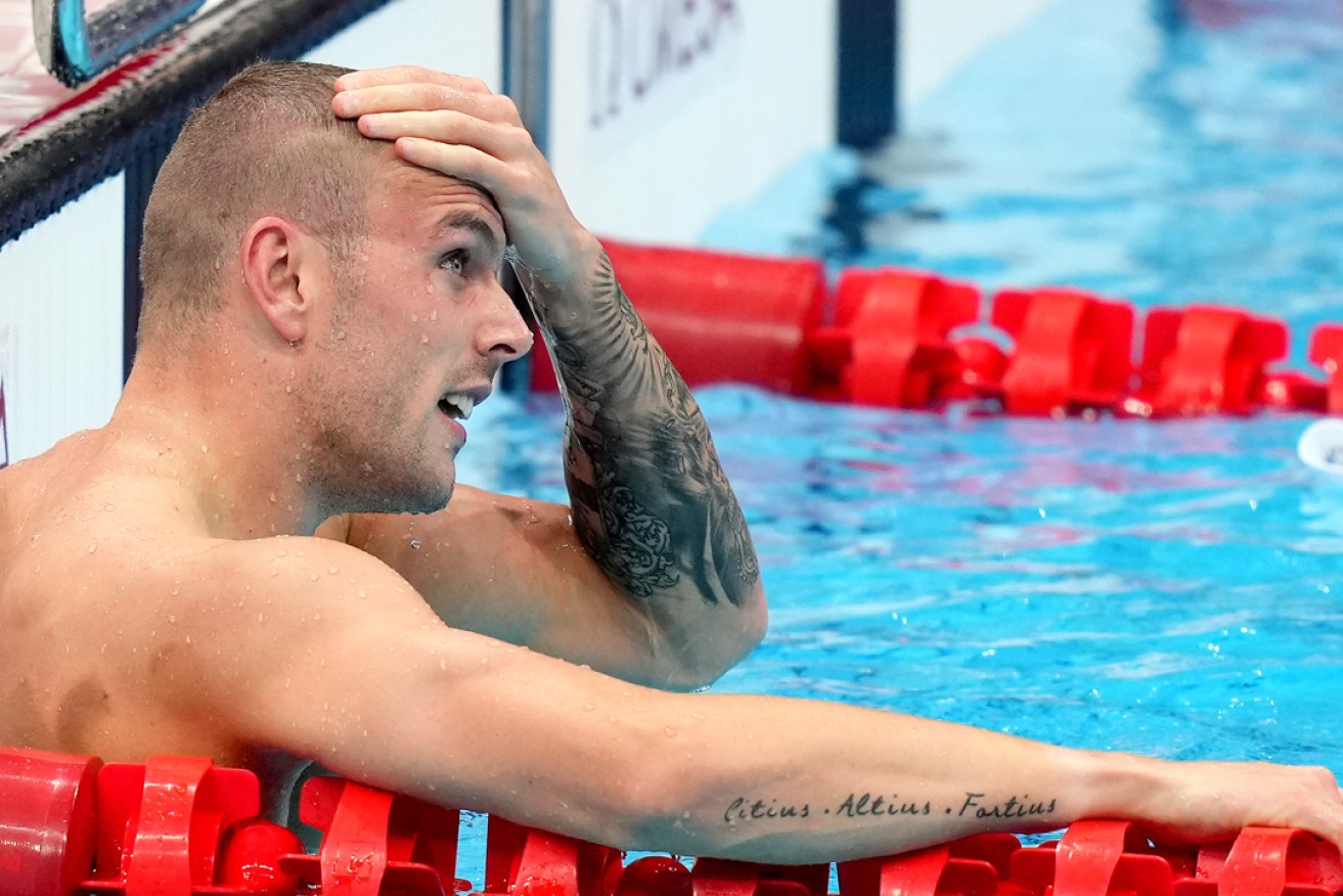 Kyle Chalmers reacts after winning silver and being narrowly beaten by Caeleb Dressel of the USA in the Men’s 100m freestyle final at the Tokyo Olympic Games.
Picture: Joe Giddens/AAP 